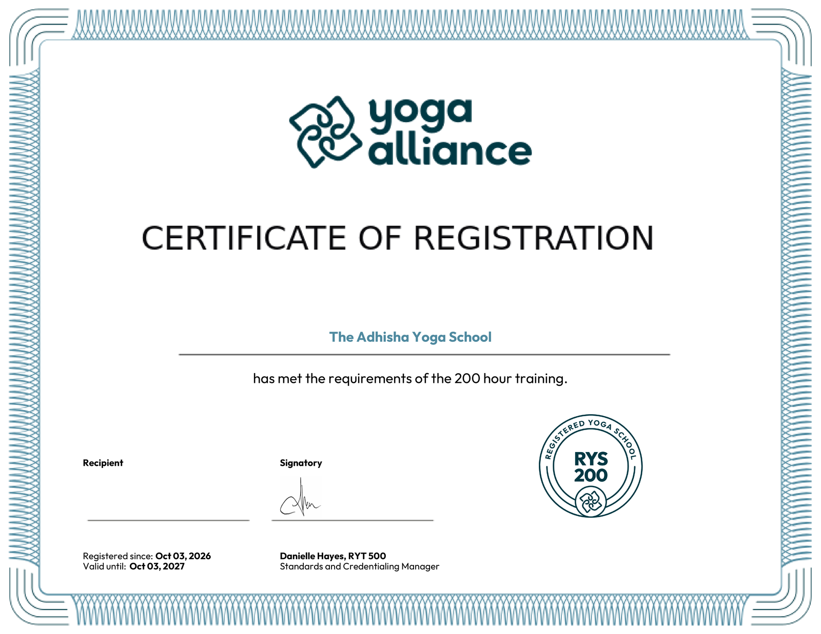 Yoga Alliance Certificate of Registration - The Adhisha Yoga School RYS 200